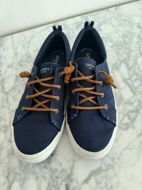 Sperry Navy Canvas Boat Shoes with Tan Laces